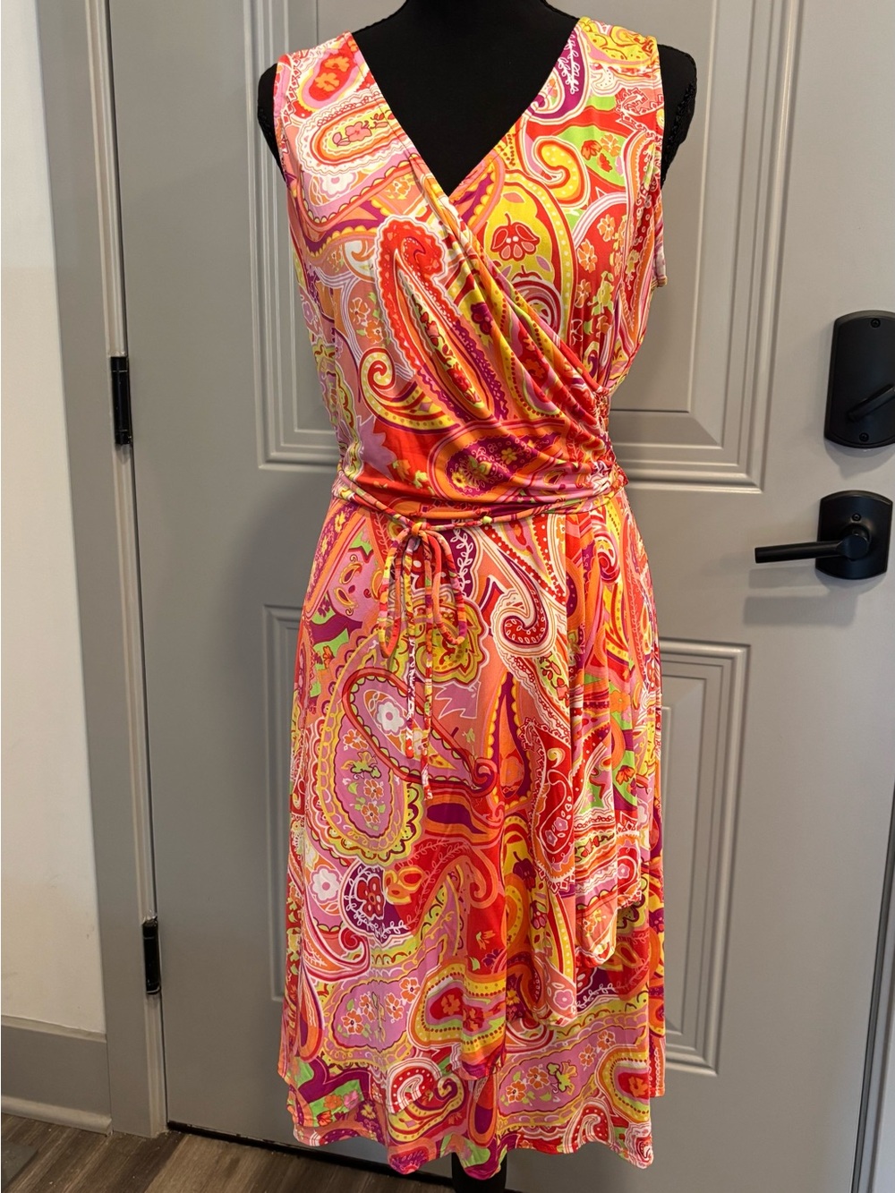 Chaps Sleeveless Paisley Wrap Midi Dress - Coral, Pink & Yellow